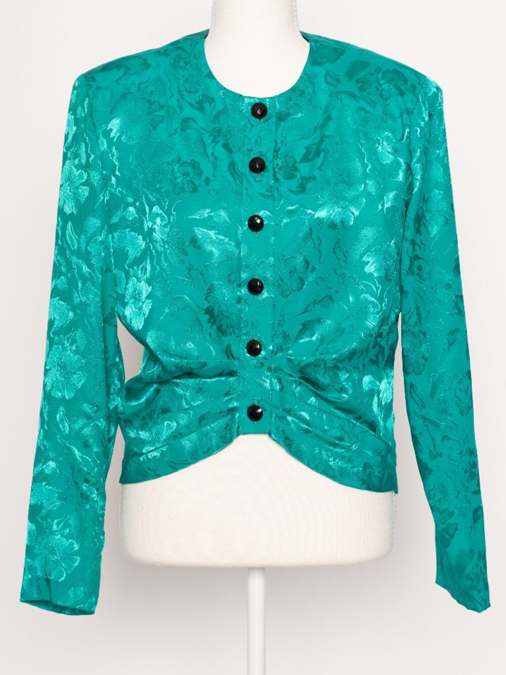 Vintage Shiny Teal Floral Jacquard Blouse Like New Maximalist 80s Secretary Lg